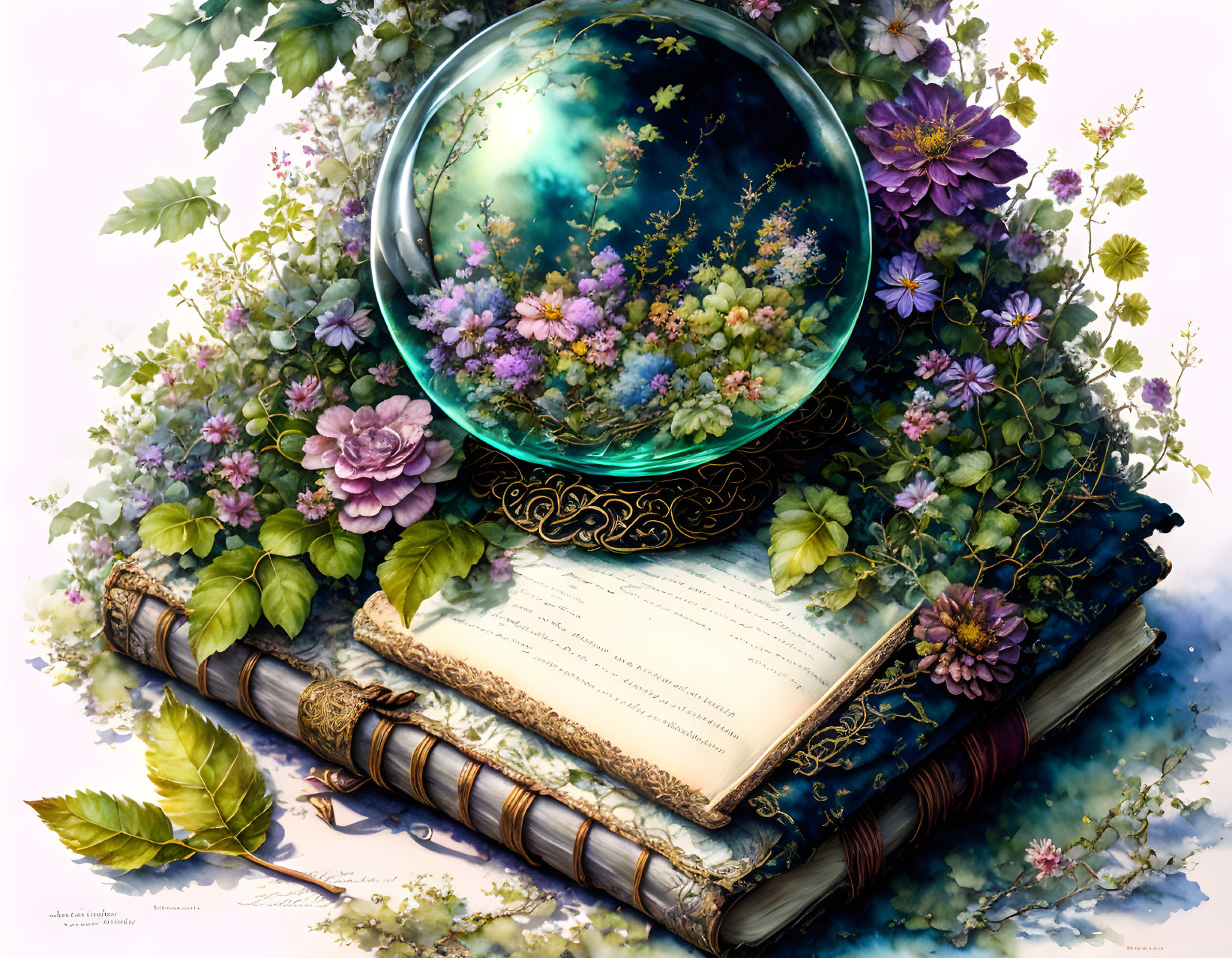 Colorful crystal ball on antique book with flowers and leaves