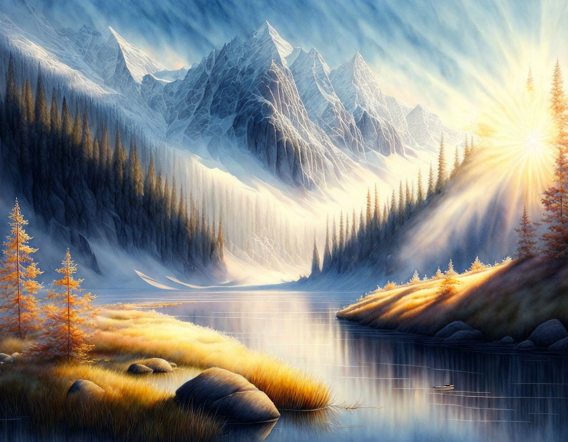 Snowy Mountain Range with Calm Lake and Pine Trees in Serene Landscape