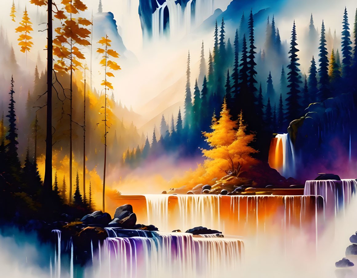 Scenic landscape painting: waterfall, forest, misty mountains