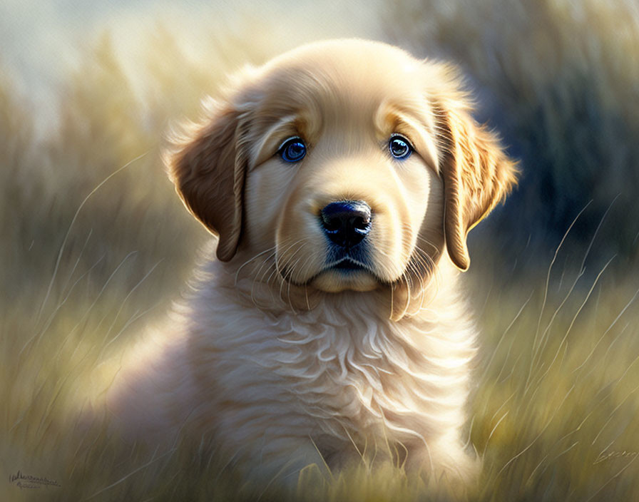 Golden Retriever Puppy with Blue Eyes in Field gazes ahead gently