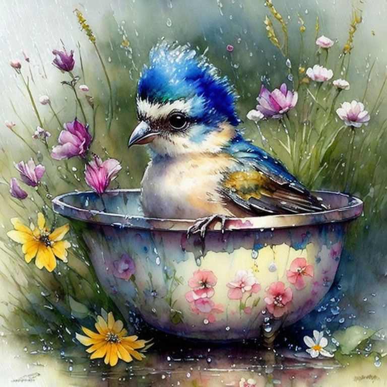 Vibrant blue crested bird bathing in floral basin with pink and yellow flowers