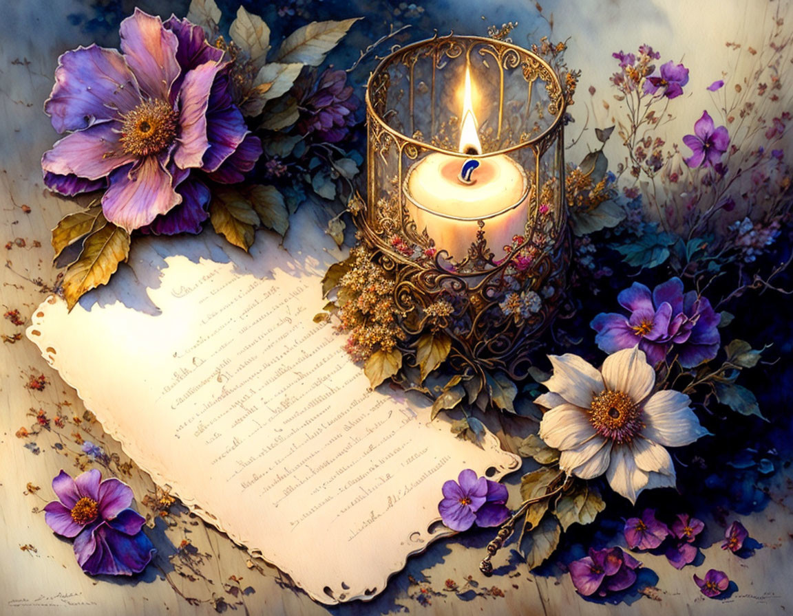 Elegant Still-life with Lit Candle, Purple Flowers & Antique Letter