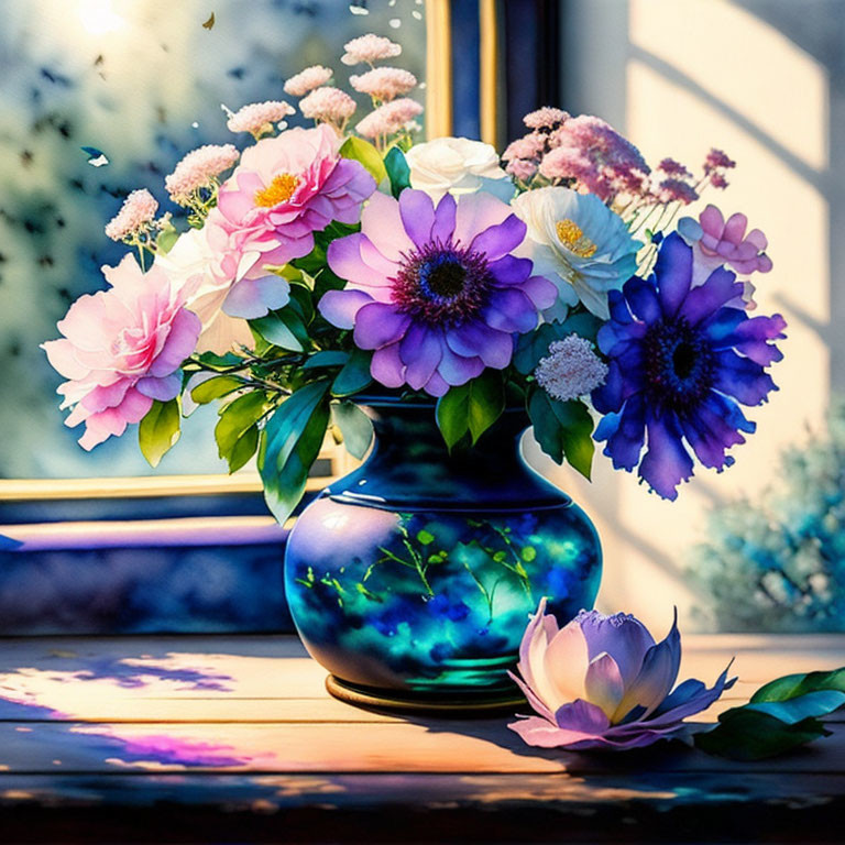 Colorful Flower Bouquet in Blue Vase with Sunlit Shadows and Blurry Nature Scene