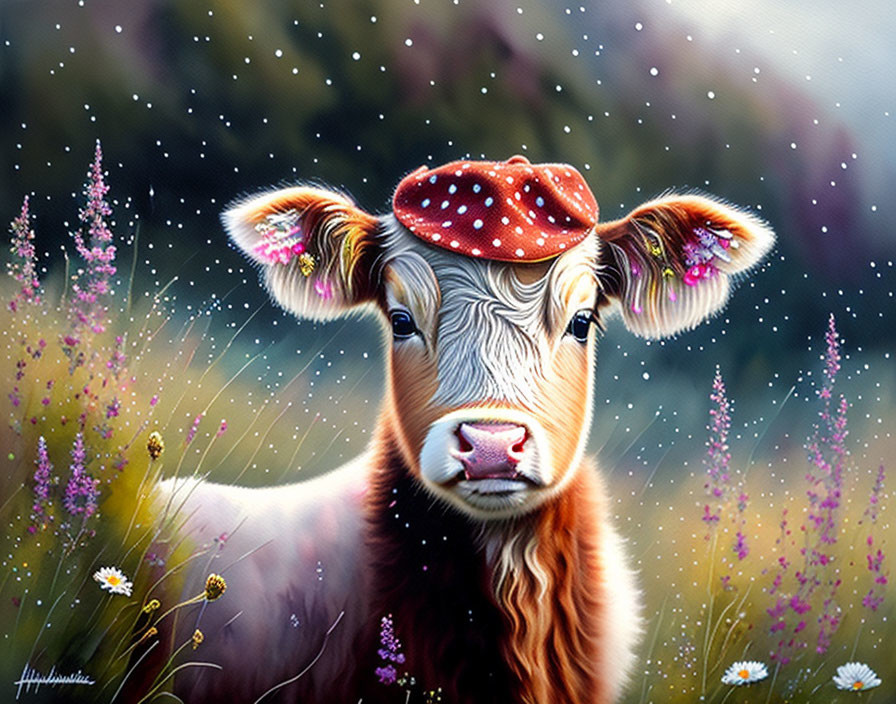 Whimsical painting of brown and white cow in red polka dot hat among colorful flowers