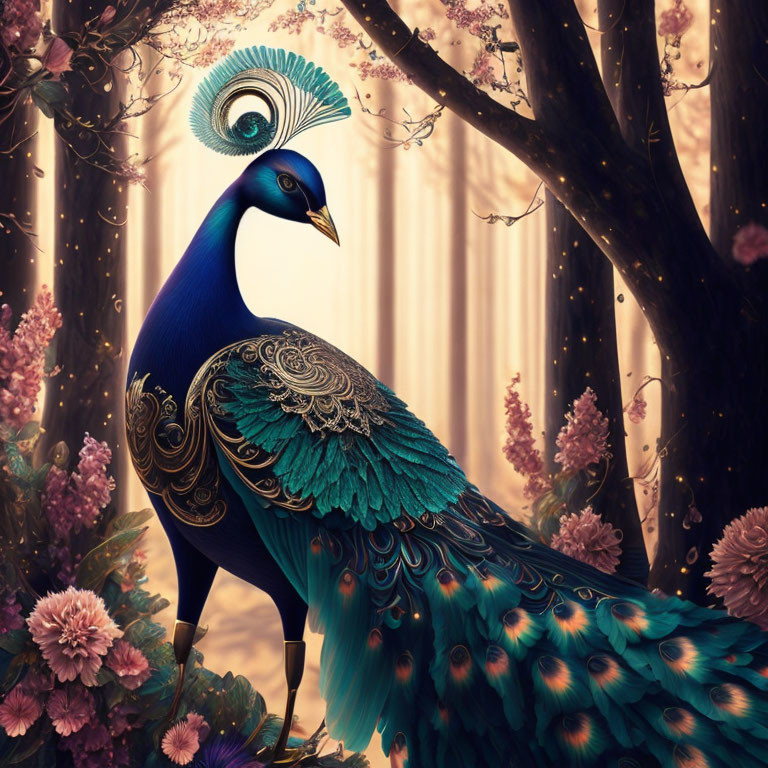 Majestic peacock in pink flower forest with ethereal light