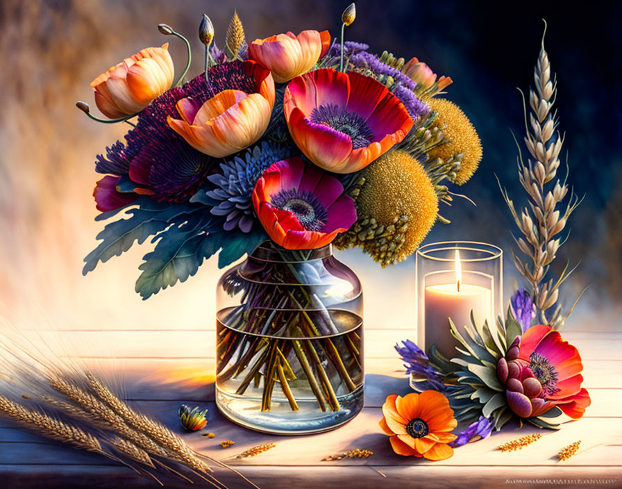 Colorful Floral Bouquet with Candle in Glass Vase on Autumn Background