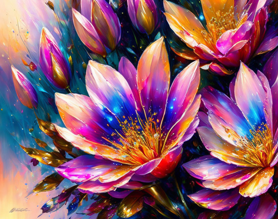 Colorful digital painting of pink and purple lotus flowers on abstract background