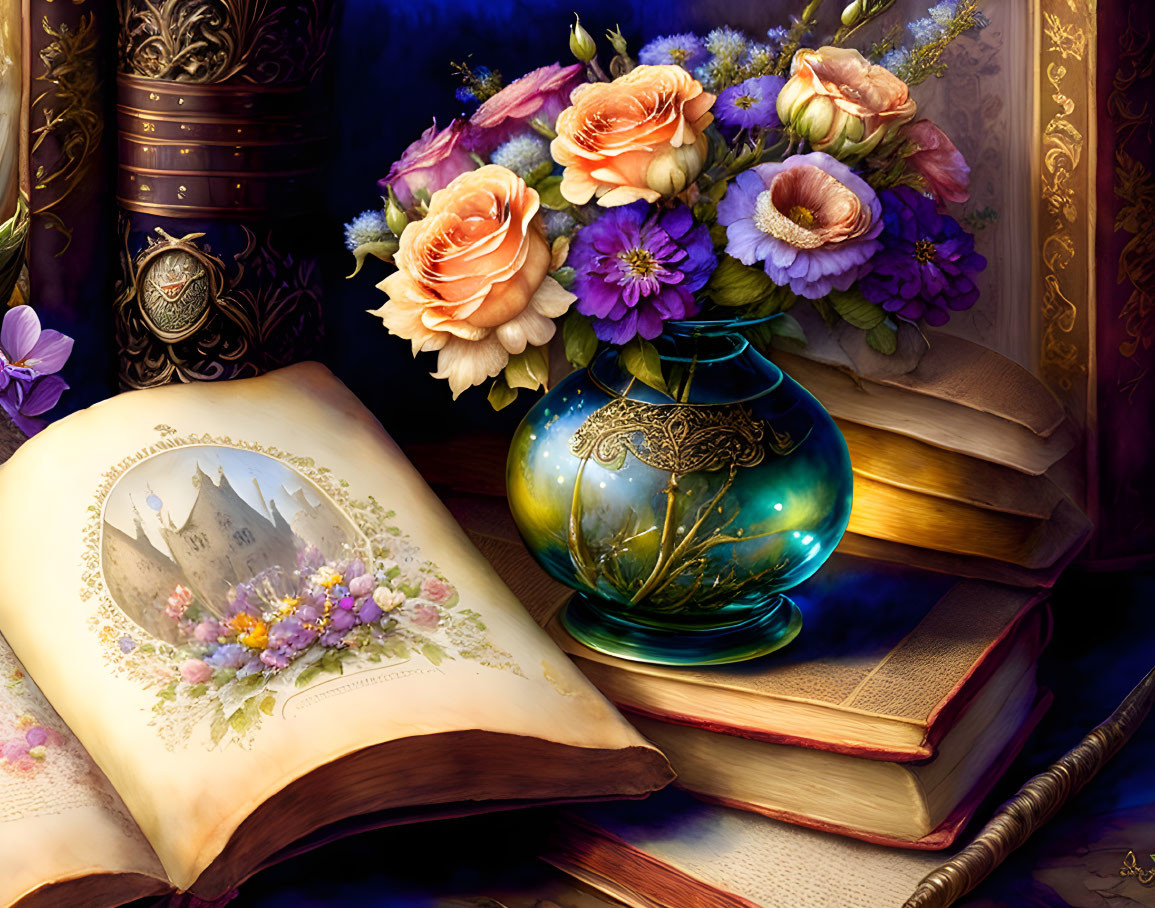 Bouquet of flowers, open book with castle, stack of closed books