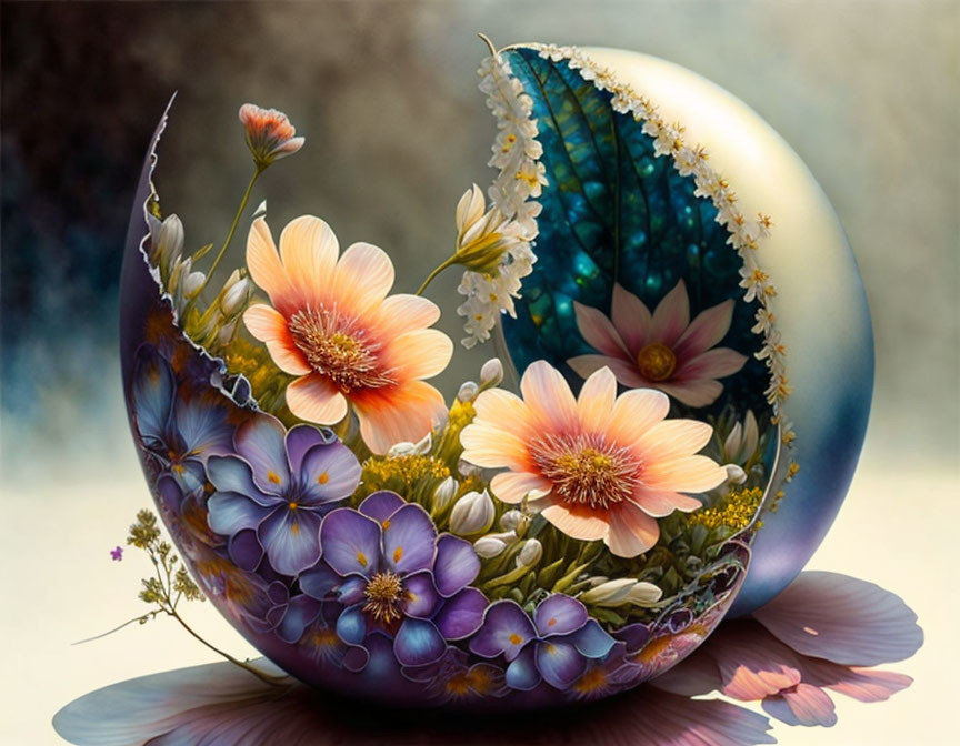 Colorful Flowers in Eggshell on Textured Background: Serene Digital Art