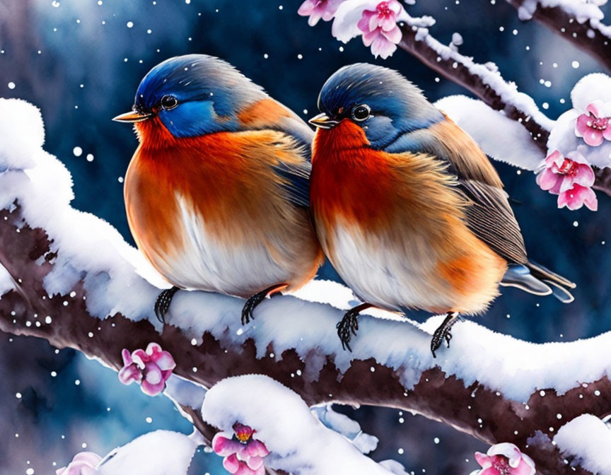 Colorful Birds with Orange Bellies and Blue Heads Perched on Snowy Branch with Pink Blossoms