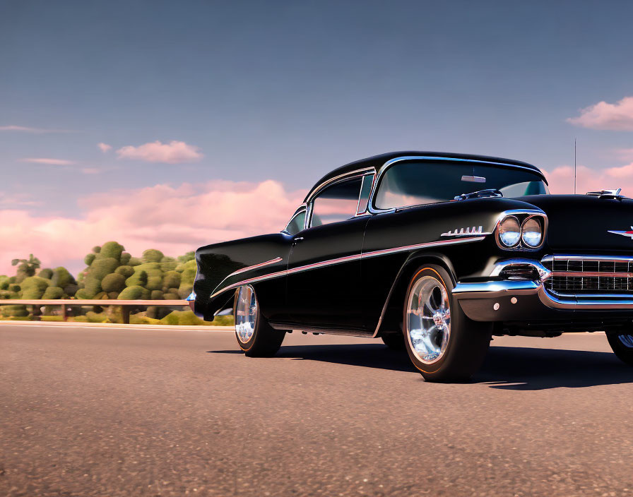 Vintage Black Chevrolet with Chrome Accents on Road with Blue Sky and Green Hills