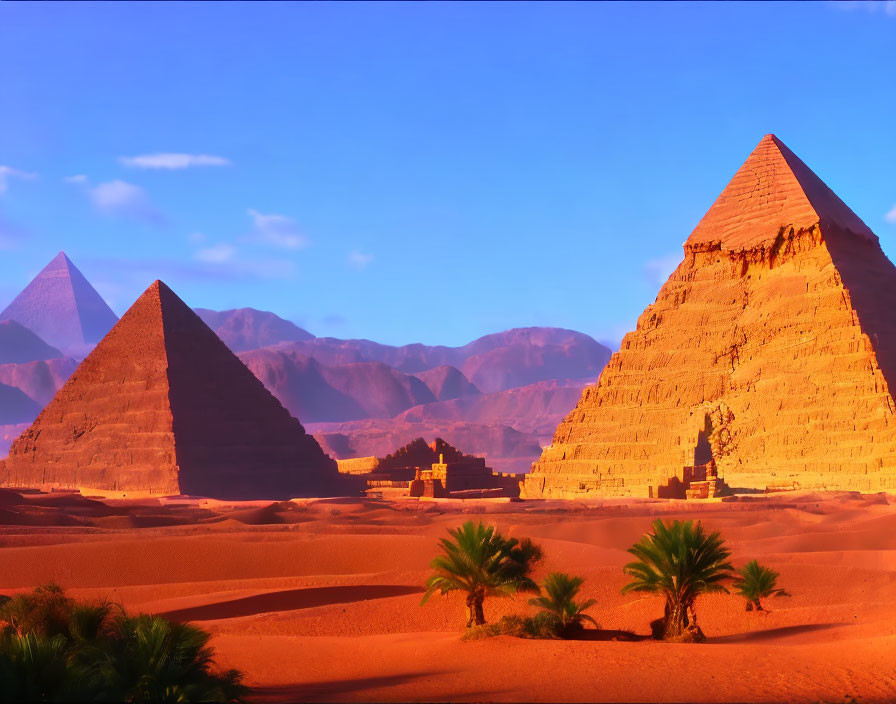 Iconic Great Pyramids of Giza at sunset in desert landscape