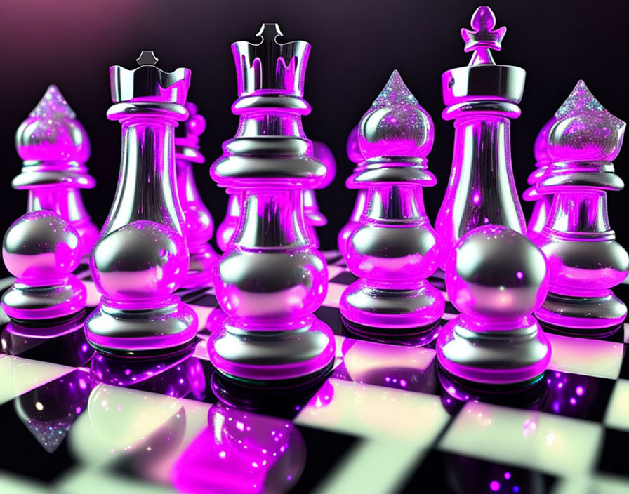 Colorful 3D Chess Set with Glossy Purple and White Pieces