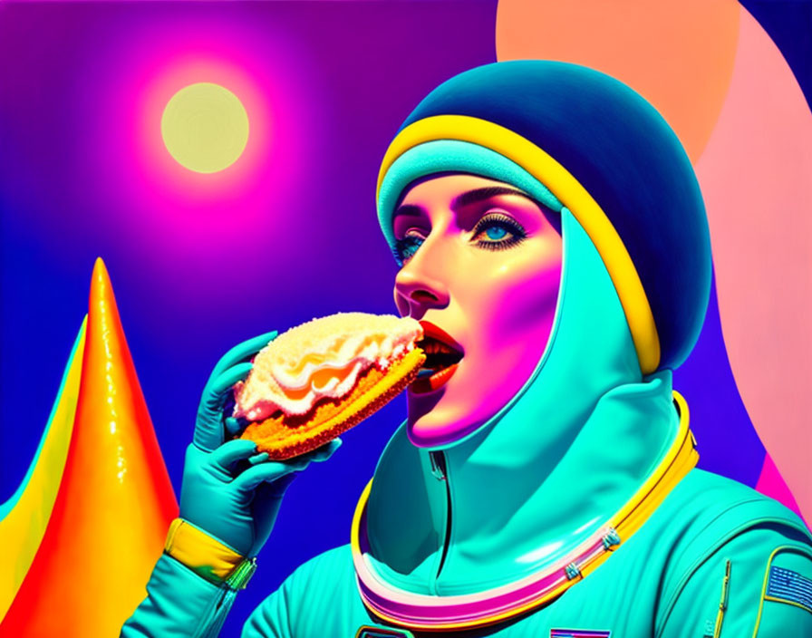 Vibrant image of person in hijab and spacesuit eating taco in space