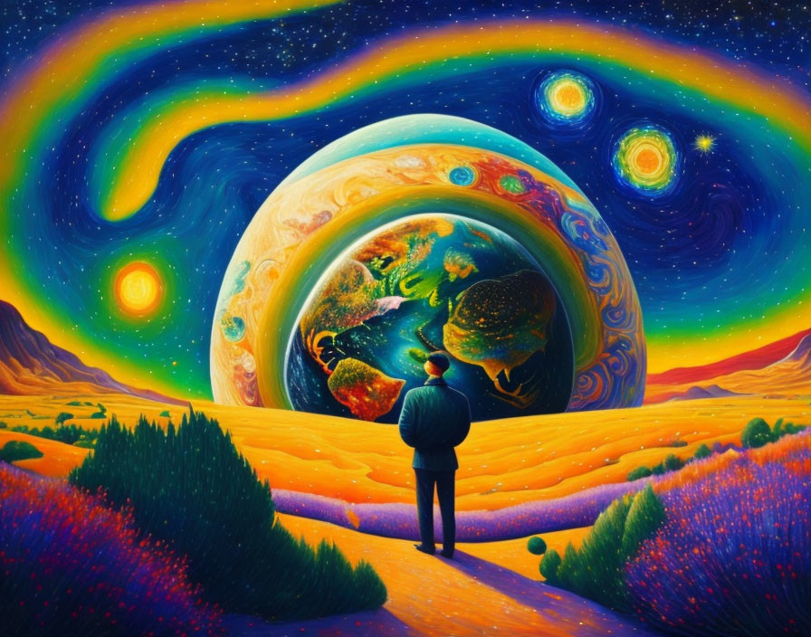 Colorful painting of person observing surreal cosmic scene
