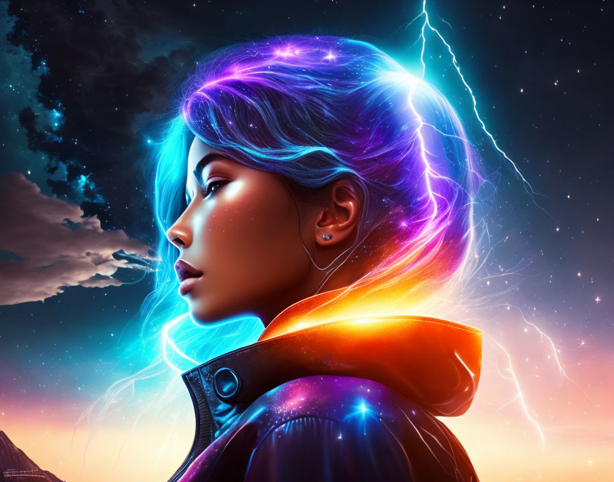 Vibrant cosmic-colored hair woman in starry night sky with lightning
