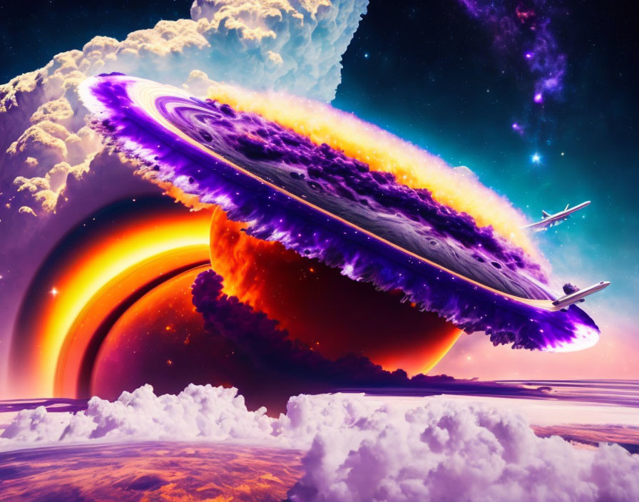 Colorful digital artwork of spaceships escaping cosmic explosion in vibrant cosmic setting.
