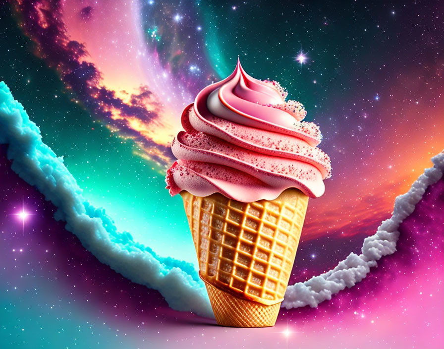 Colorful Swirling Pink Ice Cream Cone in Cosmic Space Environment