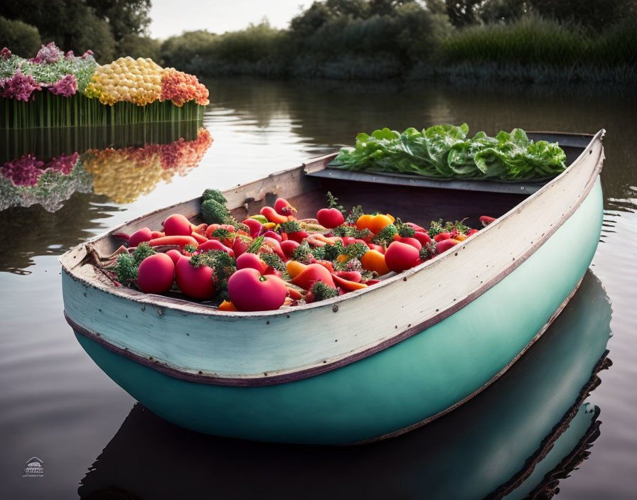 Fresh Vegetable-Filled Boat on Calm Water Amid Lush Greenery