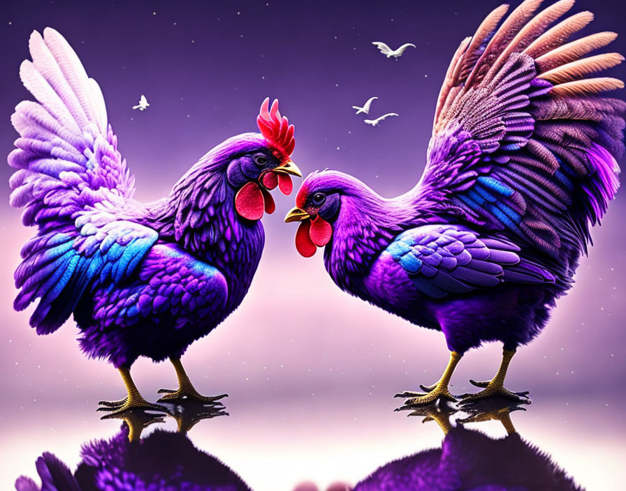 Vibrant purple and blue roosters facing each other under a purple sky