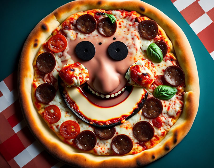 Pizza with smiling face design using pepperoni, olives, and basil leaves