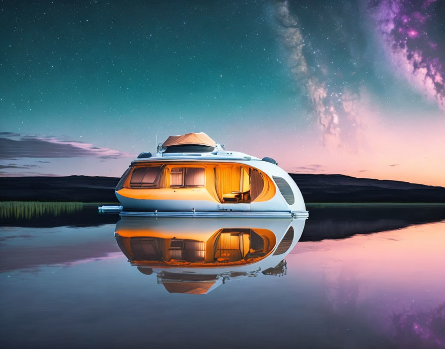 Futuristic houseboat glowing under twilight sky with aurora reflections