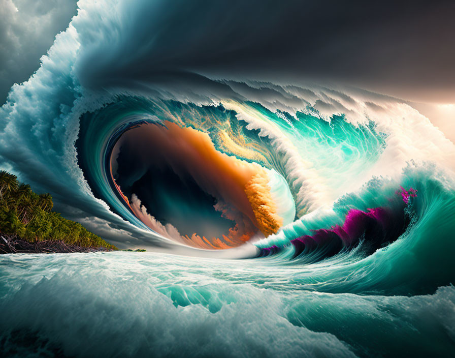 Surreal colorful wave swirling in circular form against dramatic sky