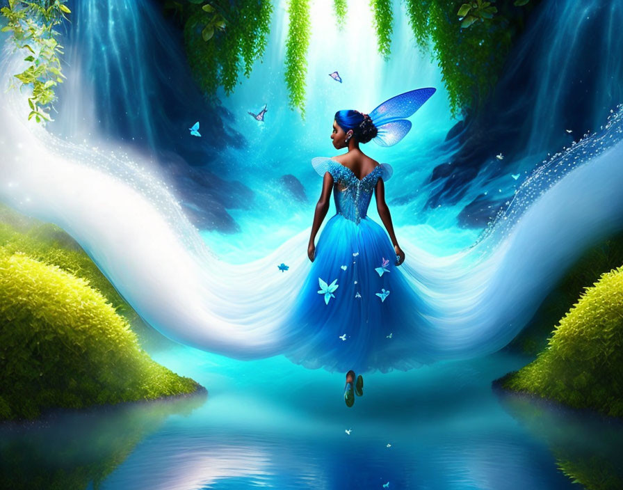 Blue-winged fairy levitates over water in magical forest with waterfalls.