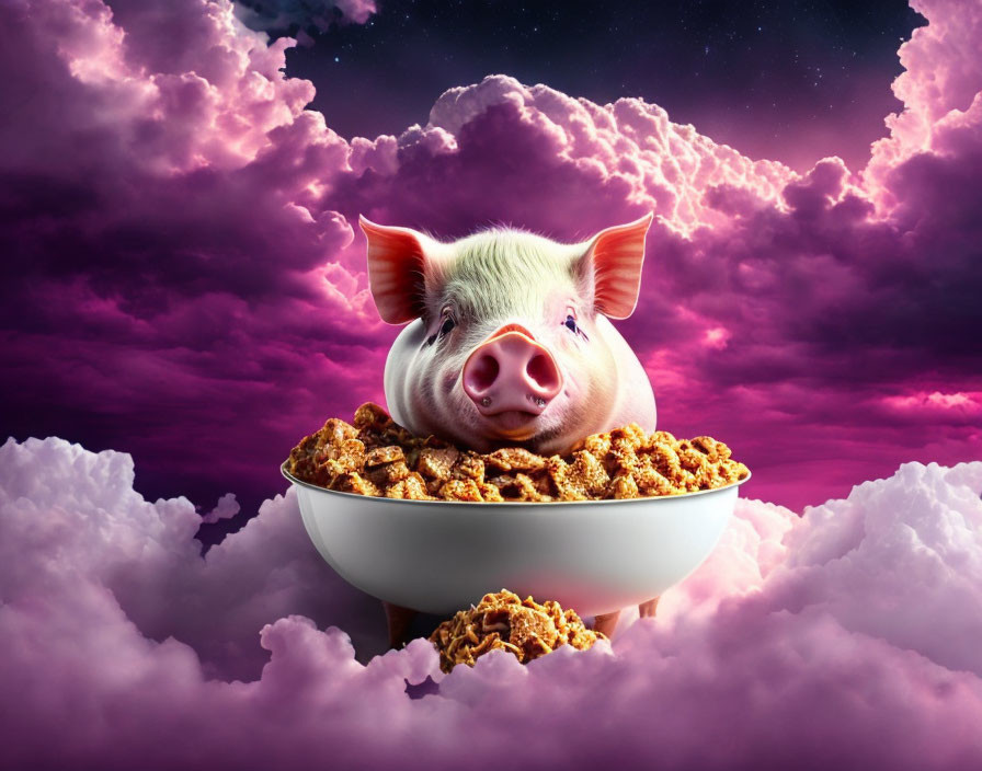 Adorable piglet in crispy nuggets bowl under starry sky