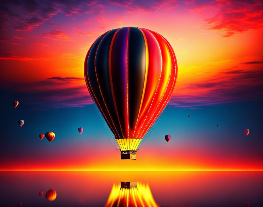 Colorful hot air balloon over calm water at sunset with reflections and more balloons in the sky