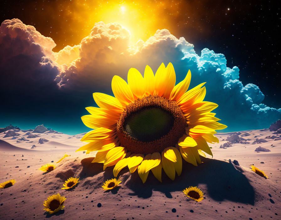 Vibrant sunflower in surreal desert landscape with snowy mountains