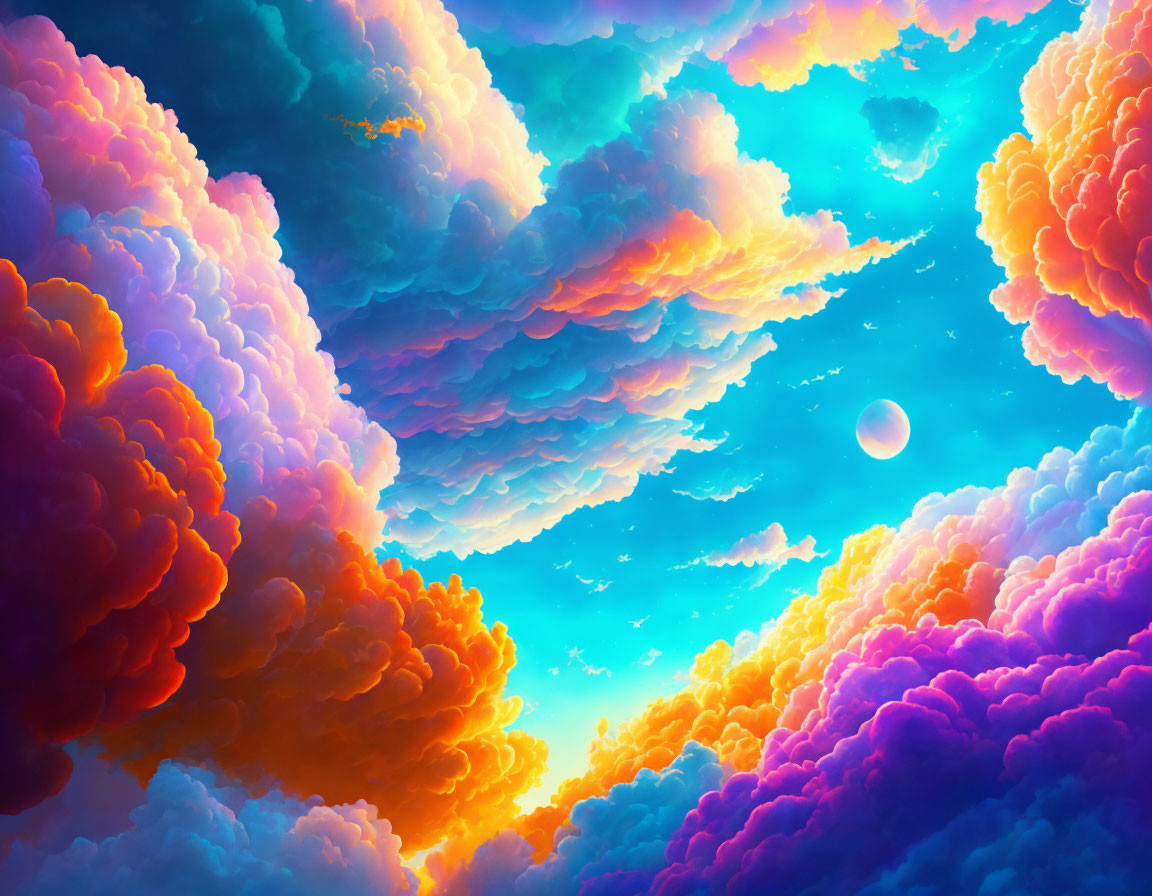 Colorful layered clouds surrounding serene white moon in surreal sky