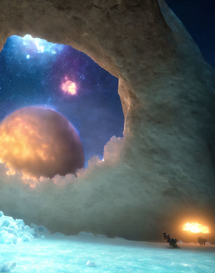 Fantastical cave with icy floor, starry sky, celestial body, and distant fire glow