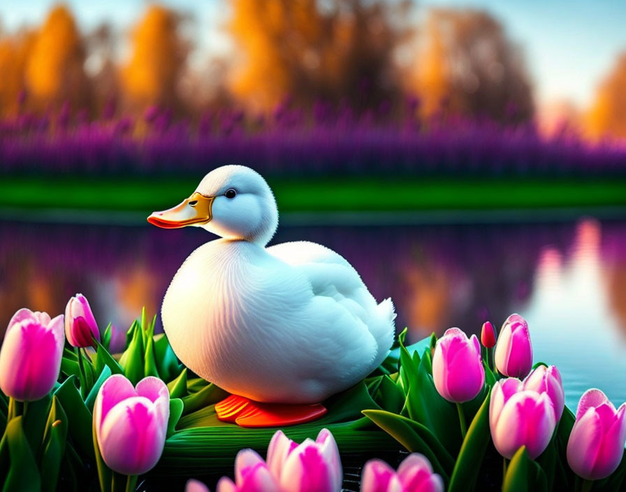 a duck with tulips 