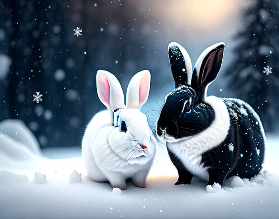 Black and White Rabbits with Blue Eyes in Snowy Landscape
