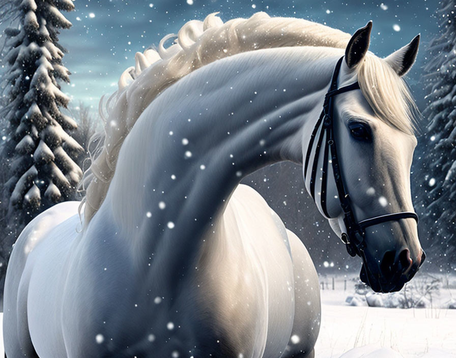 White Horse with Braided Mane in Snowy Landscape with Falling Snowflakes