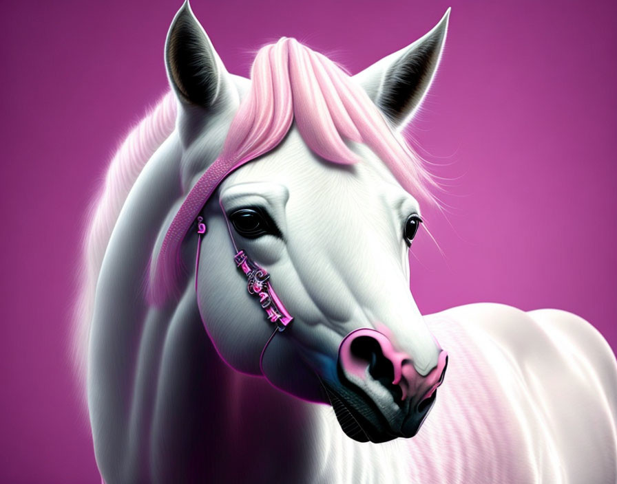 Digitally created image of a horse with pink features on purple background