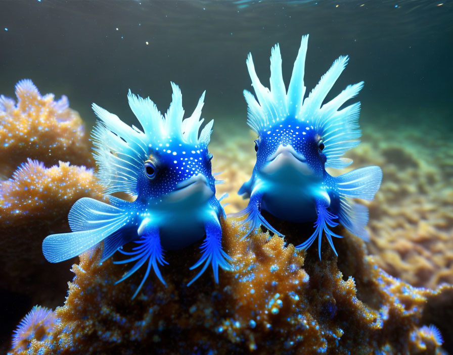 Blue and White Striped Fish with Elaborate Fins and Antennas on Coral Underwater