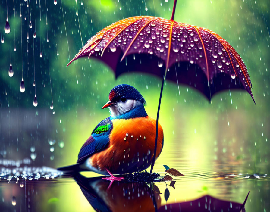 Colorful Bird under Polka-Dotted Umbrella Reflecting in Rainy Scene