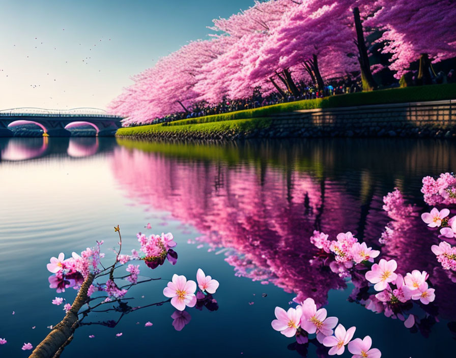 Pink cherry blossoms, reflective water, bridge, clear sky in picturesque landscape