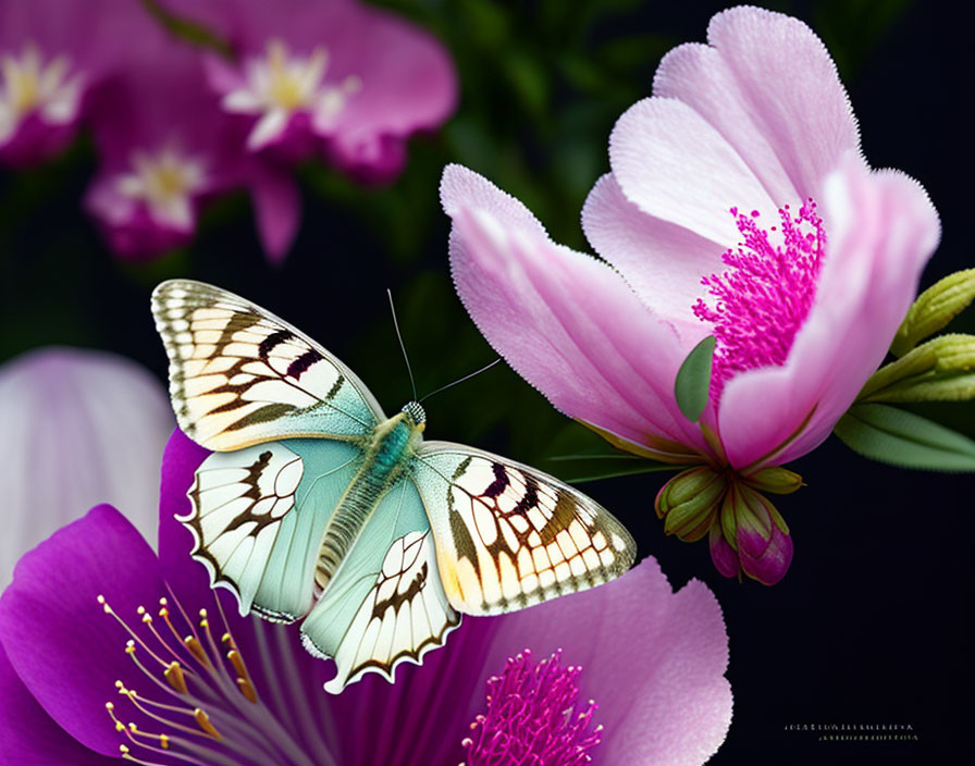 Colorful Butterfly Resting on Pink Flower Surrounded by Purple Blooms