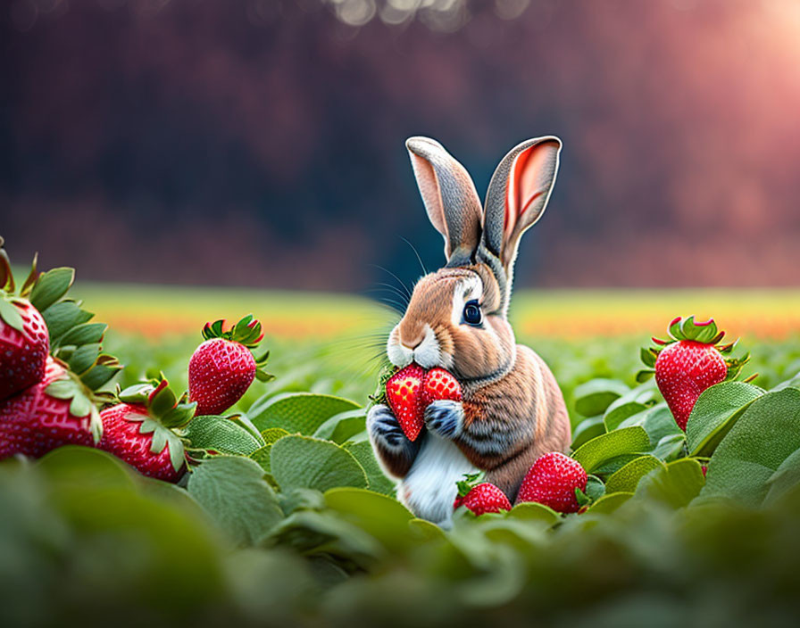 a rabbit eating strawberries in the field 
