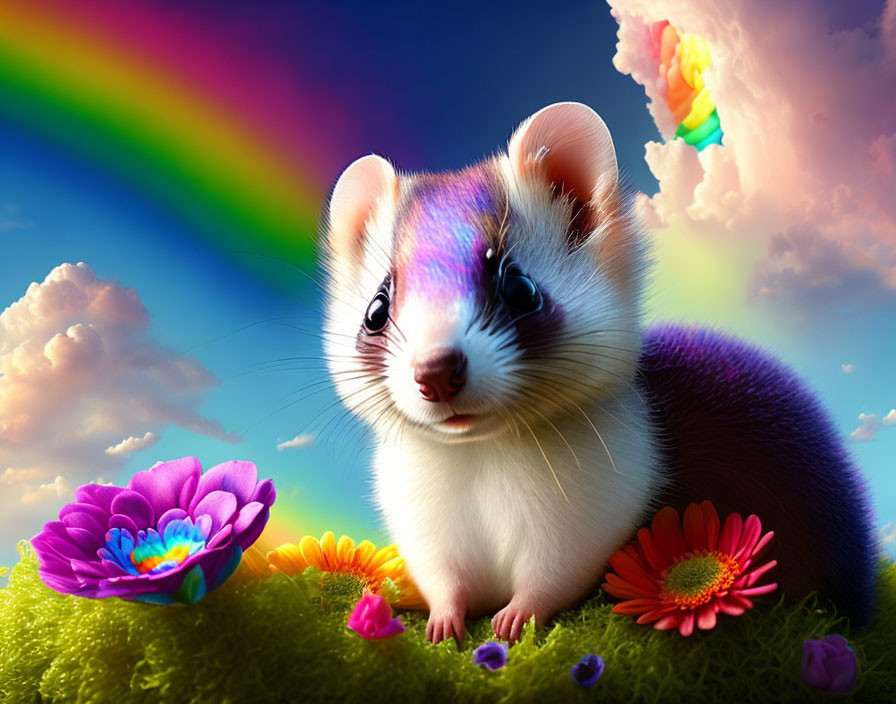 Illustrated weasel in colorful flower field under vibrant rainbow
