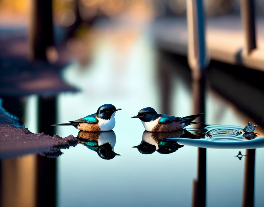 Swallows perched on reflective surface at golden hour