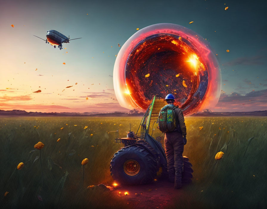 Traveler at burning portal with zeppelin and swirling leaves at sunset