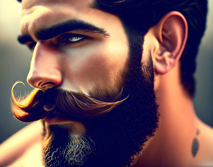 Man with Sculpted Beard, Twirled Mustache, and Neck Tattoo