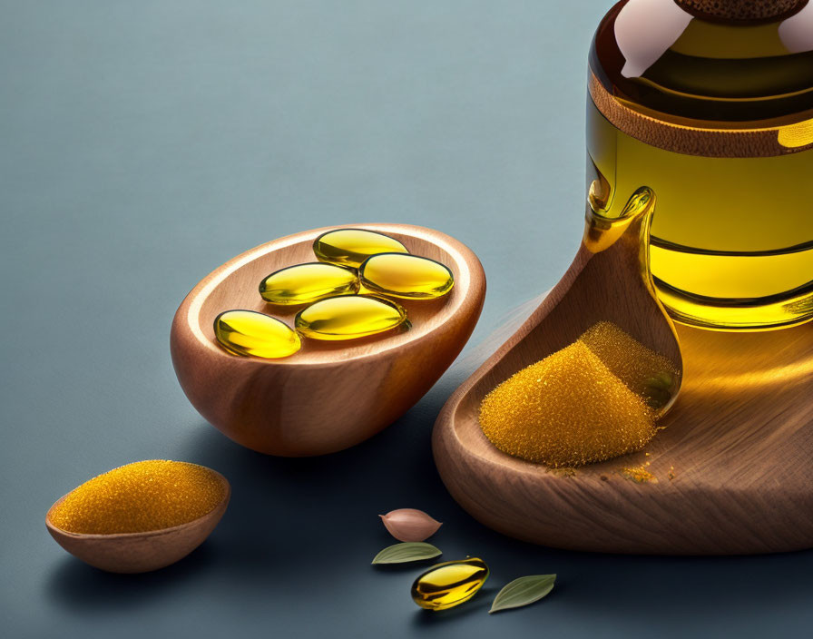 Golden capsules, liquid bottle, granules, wooden spoon, dish, and leaves on teal background