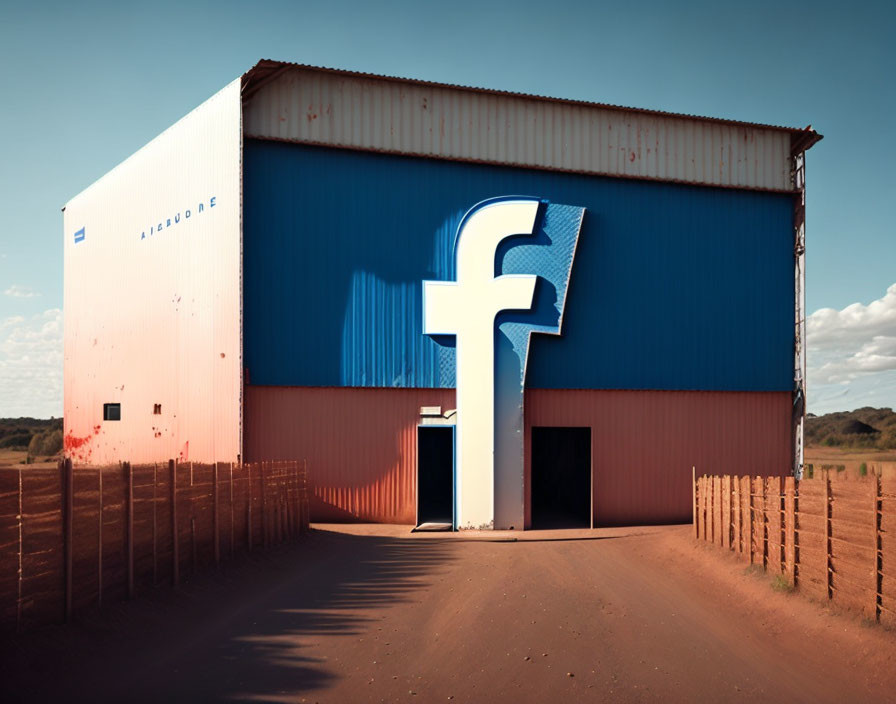Warehouse with giant Facebook logo under clear sky