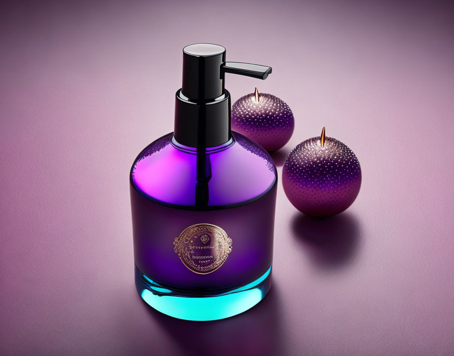Purple Glass Soap Dispenser with Metallic Pump and Decorative Spheres on Muted Background