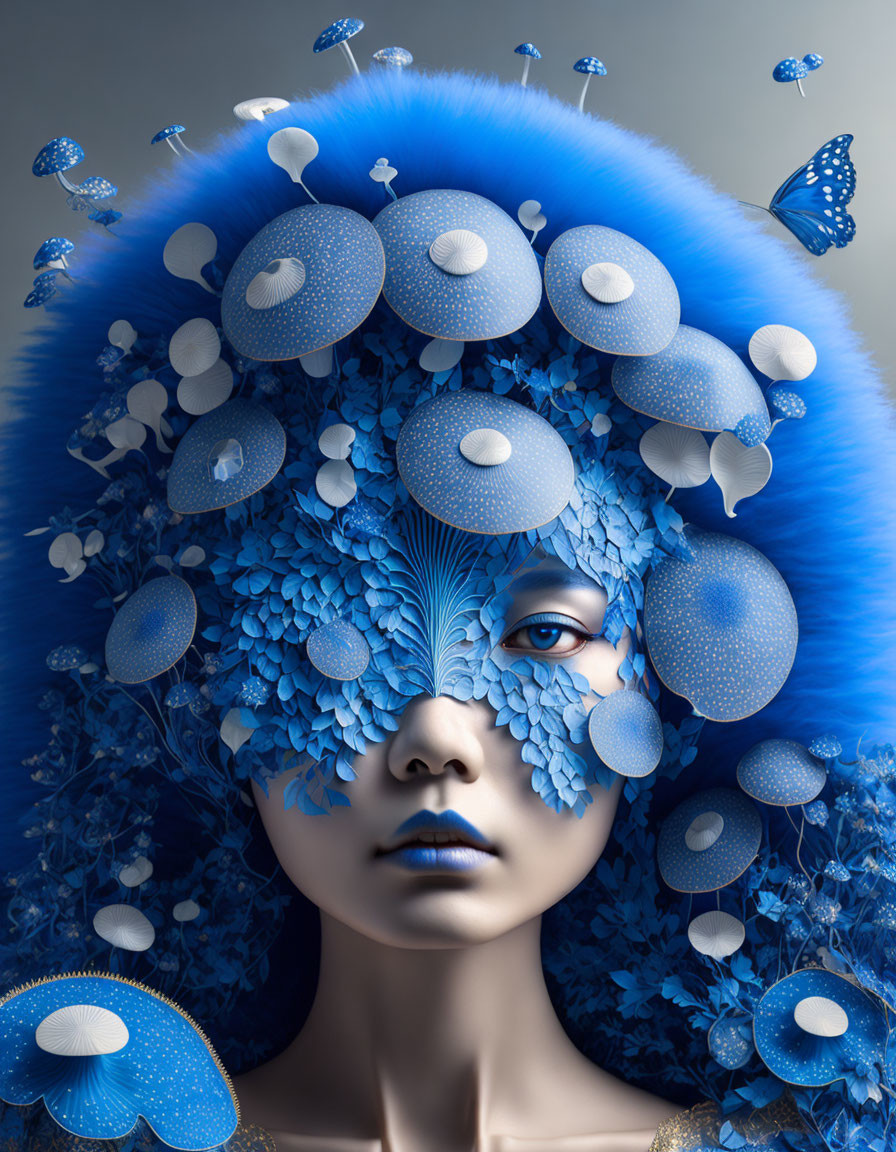 Vibrant blue flora and fauna adorn surreal portrait of woman